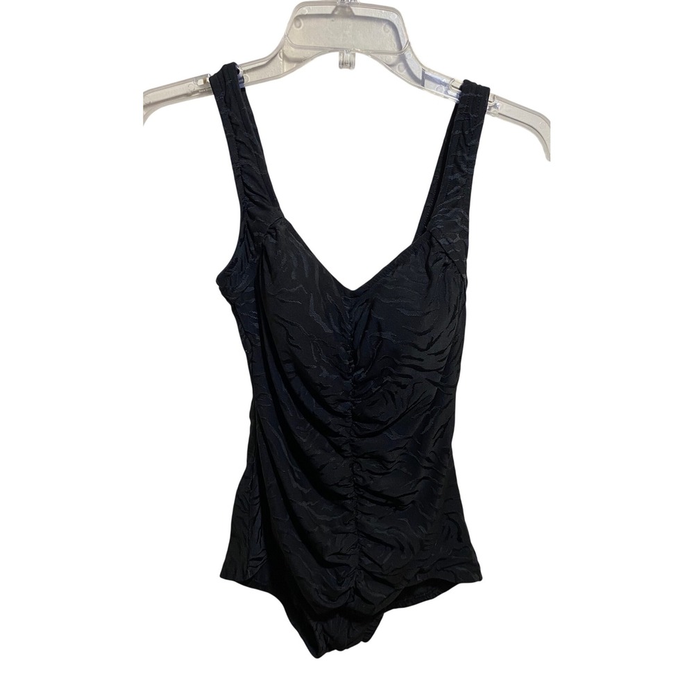 Maxine of Hollywood Womens Black Zebra Print Ruched One Piece Swimsuit Size 12